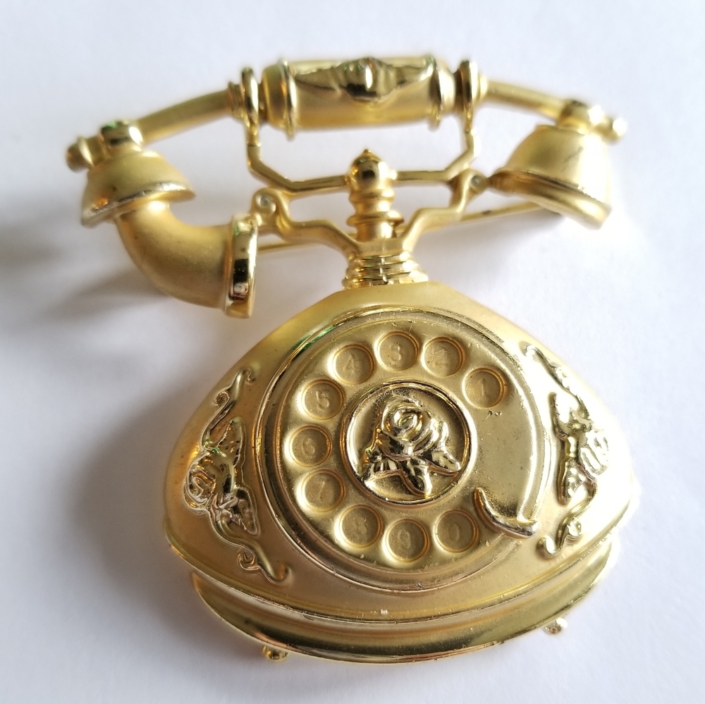 Vintage rotary phone brooch with roses gold tone pin telephone